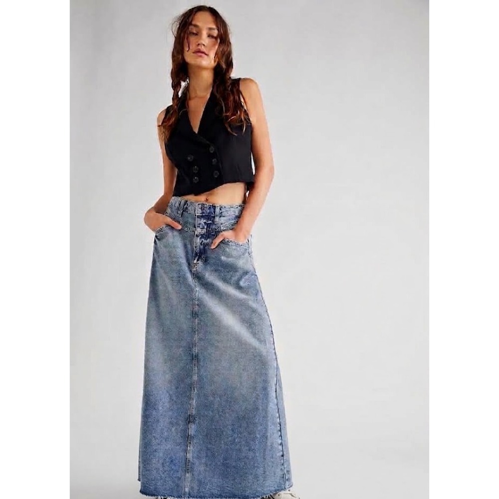 We The Free People Come As You Are Denim Maxi Skirt Blue Sz 10 S Western Rodeo